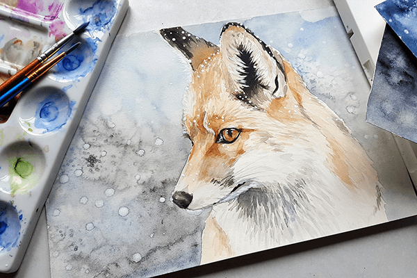 Watercolour painting of a fox from the Kirkby Art Group